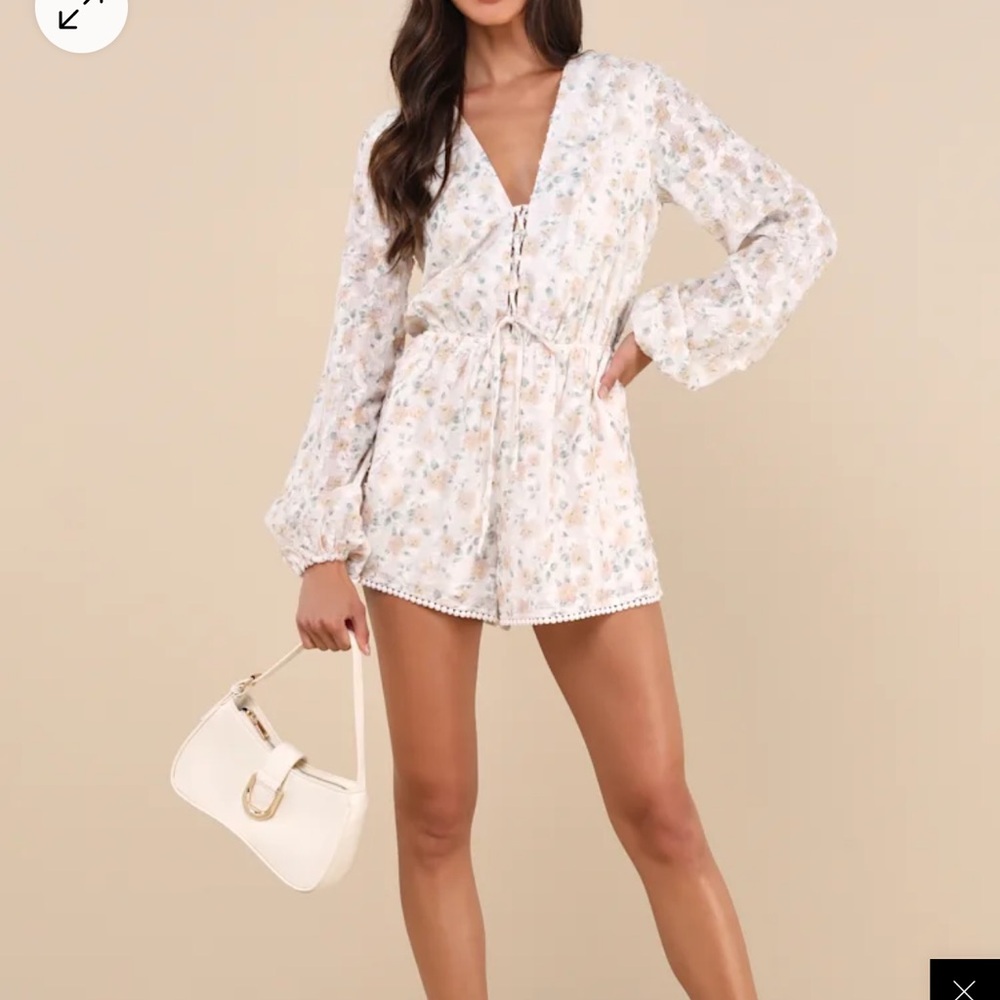 Compelling Darling Ivory Floral Balloon Sleeve Lace-Up Romper